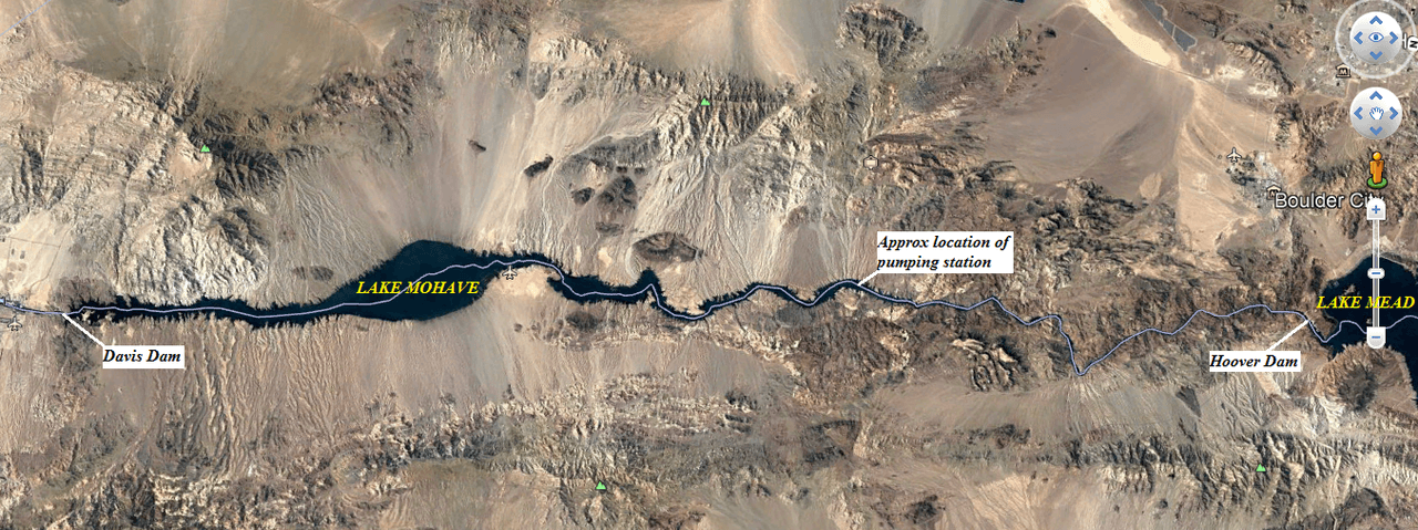 Pohled z Google Earth na předpokládané umístění plánované přečeprávací elektrárny. Zdroj: http://euanmearns.com/the-hoover-dam-pumped-hydro-proposal/