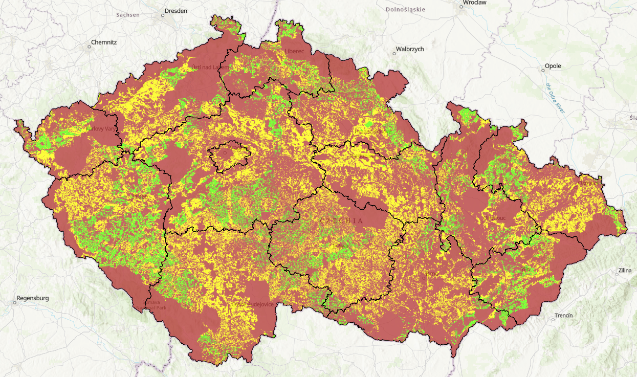 Akcelerační zóny pro výstavbu FVE v ČR od nejméně vhodné (červená) po nejvhodnější (zelená)