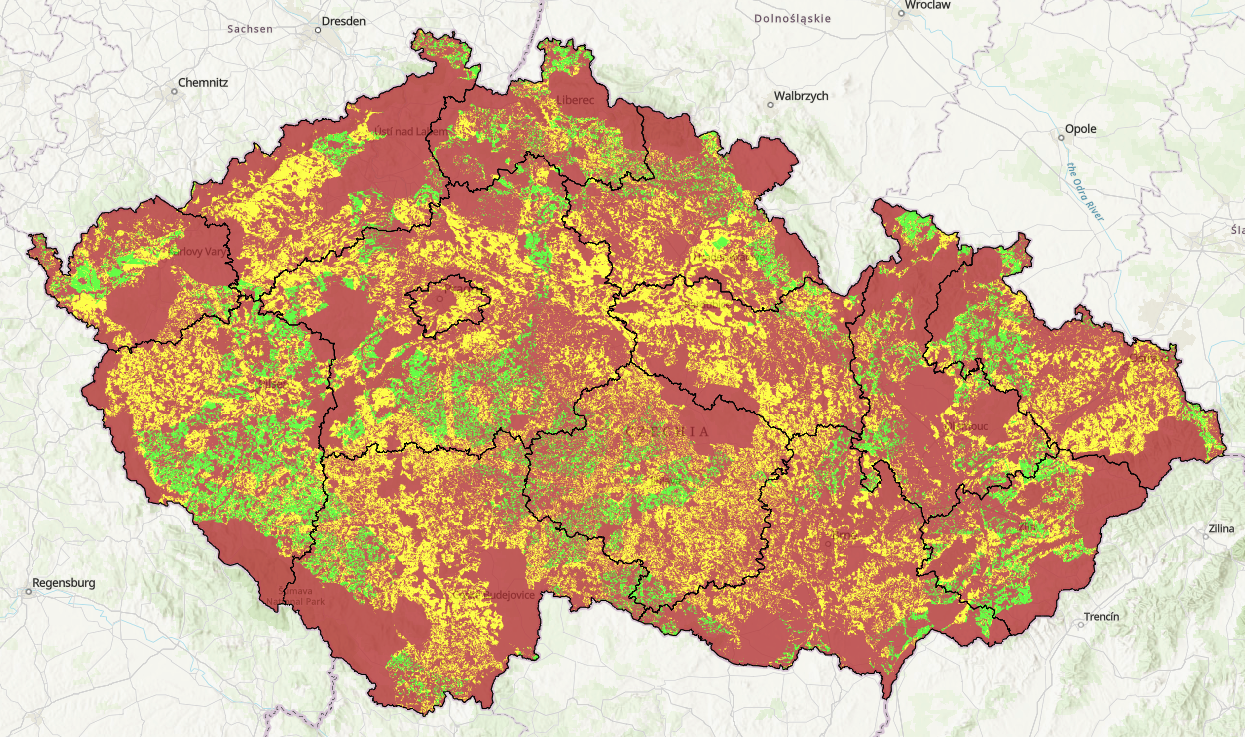 Akcelerační zóny pro výstavbu FVE v ČR od nejméně vhodné (červená) po nejvhodnější (zelená)