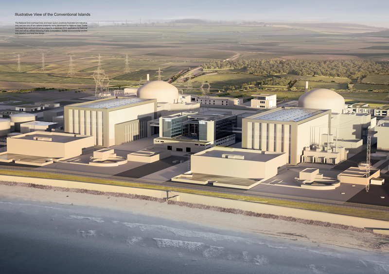 Plánovaná podoba dvou bloků jaderné elektrárny Hinkley Point C. Tato elektrárna by měla ukončit přestávku ve výstavbě nových jaderných bloků ve Spojeném království, která trvá přes 20 let.