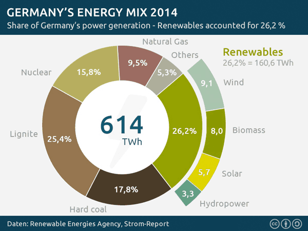 Energetický mix Německa v roce 2014. Zdroj: Strom-Report