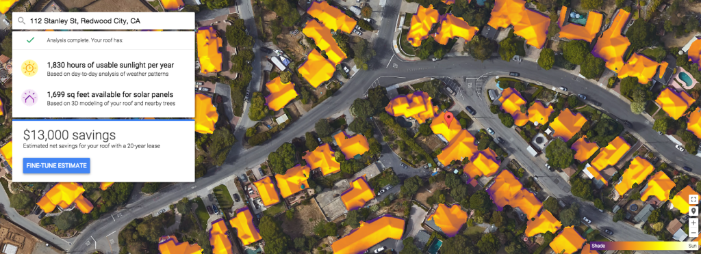 Díky projektu Sunroof si můžou Američané ve vybraných státech ověřit potenciál instalace solárních panelů na střechu. Zdroj: Google Sunrof