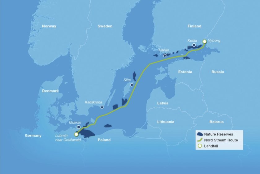 Trasa plynovodu Nord Stream vedoucího skrz Baltické moře do Německa. Zdroj: Nord Stream