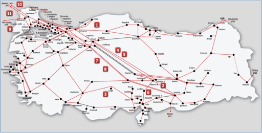 Turecká přenosová soustava s vyznačením série událostí během blackoutu. Zdroj: ENTSO-E