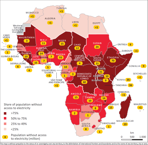 Mapa zobrazuje počet obvatel s nedostatečným přístupem k elektřině v jednotlivých afrických zemích. Zdroj: bloomberg.com