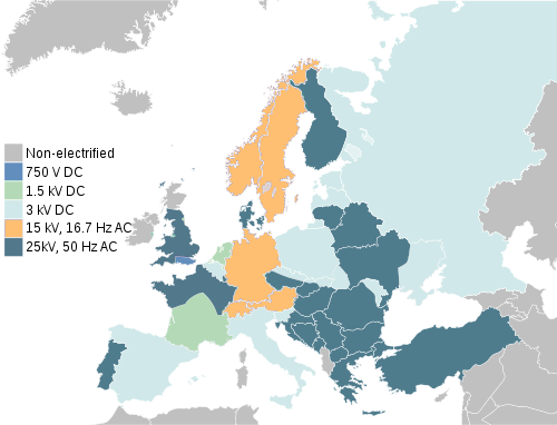 Elektrifikace železniční sítě v Evropě. Zdroj: http://www.railenergy.eu/