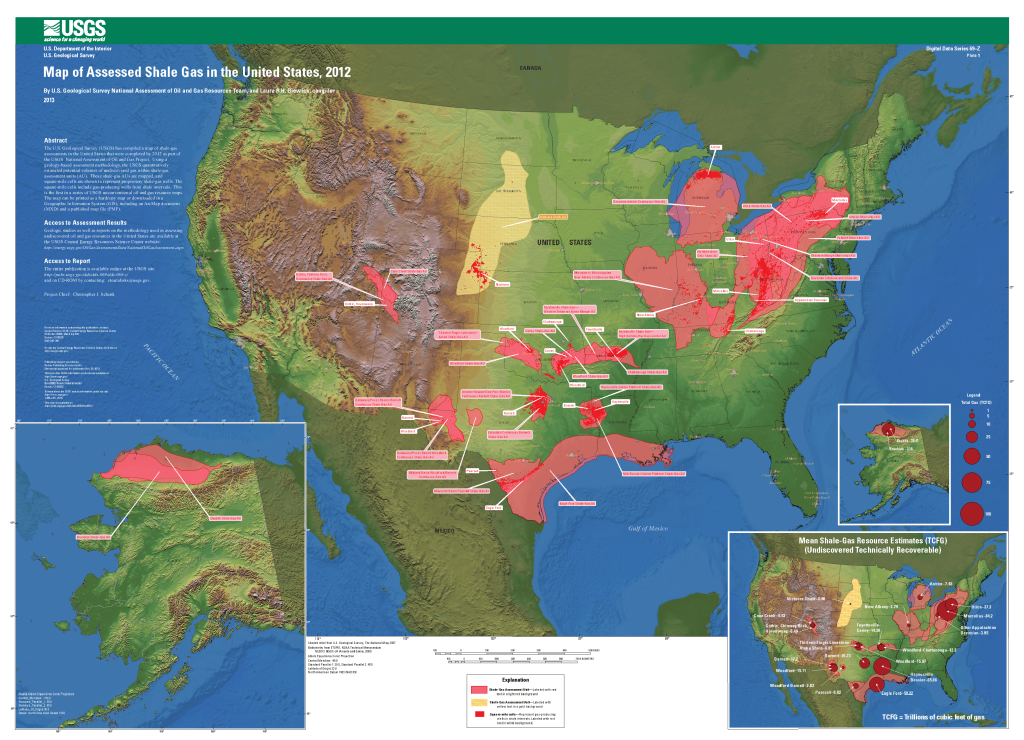 Mapa ložisek břidlicového plynu USA