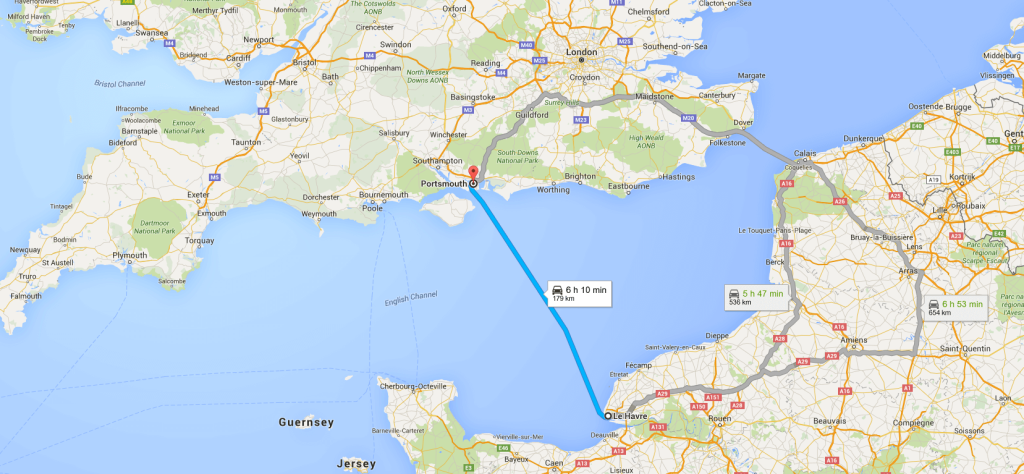Poloha britského města Portsmouth a francouzského Le Havre; Zdroj: Google Maps
