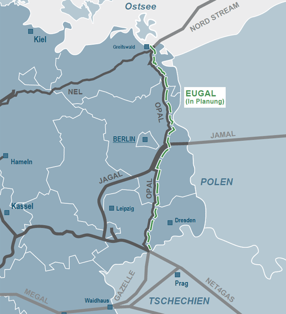 Plánovaná trasa připravovaného plynovodu EUGAL
