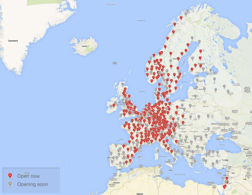 Otevřené a plánované Superchargery v Evropě (Zdroj: Tesla)