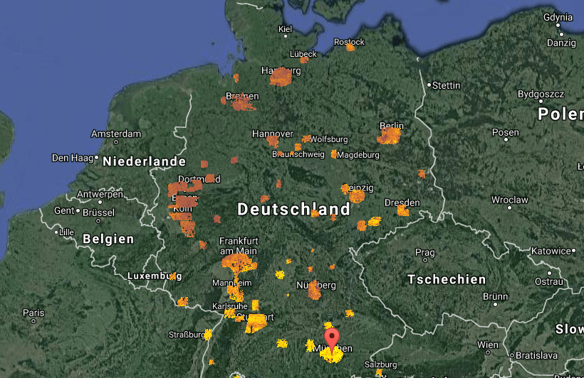 V současné době Sunroof v Německu pokrývá zejména velká města a jejich okolí. Zdroj: eon-solar.de