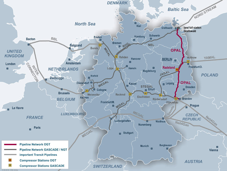 Plynovod Opal navazuje na Nord Stream 1, a přivádí tak ruský plyn přes Německo na hranice ČR. Zdroj: opal-gastransport.de