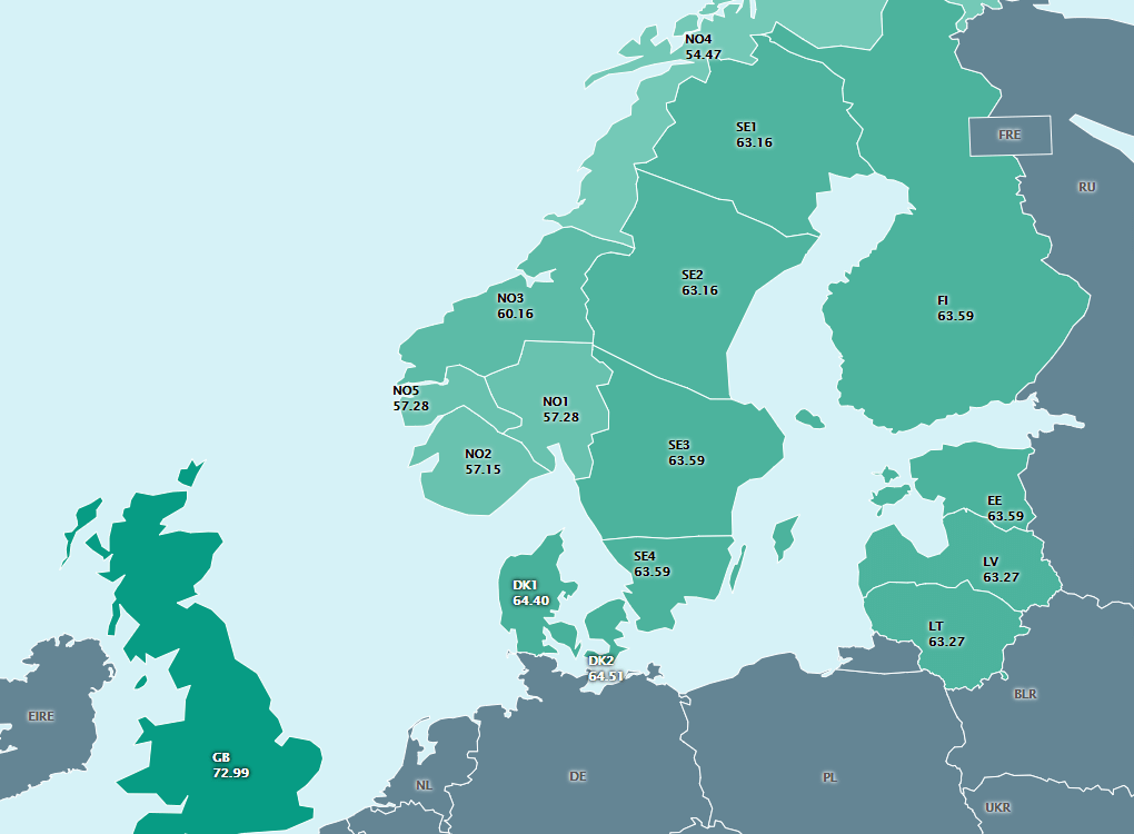 Spotové ceny elektrické energie v regionu Skandinávie dne 31.8.2018. Zdroj: Nordpool