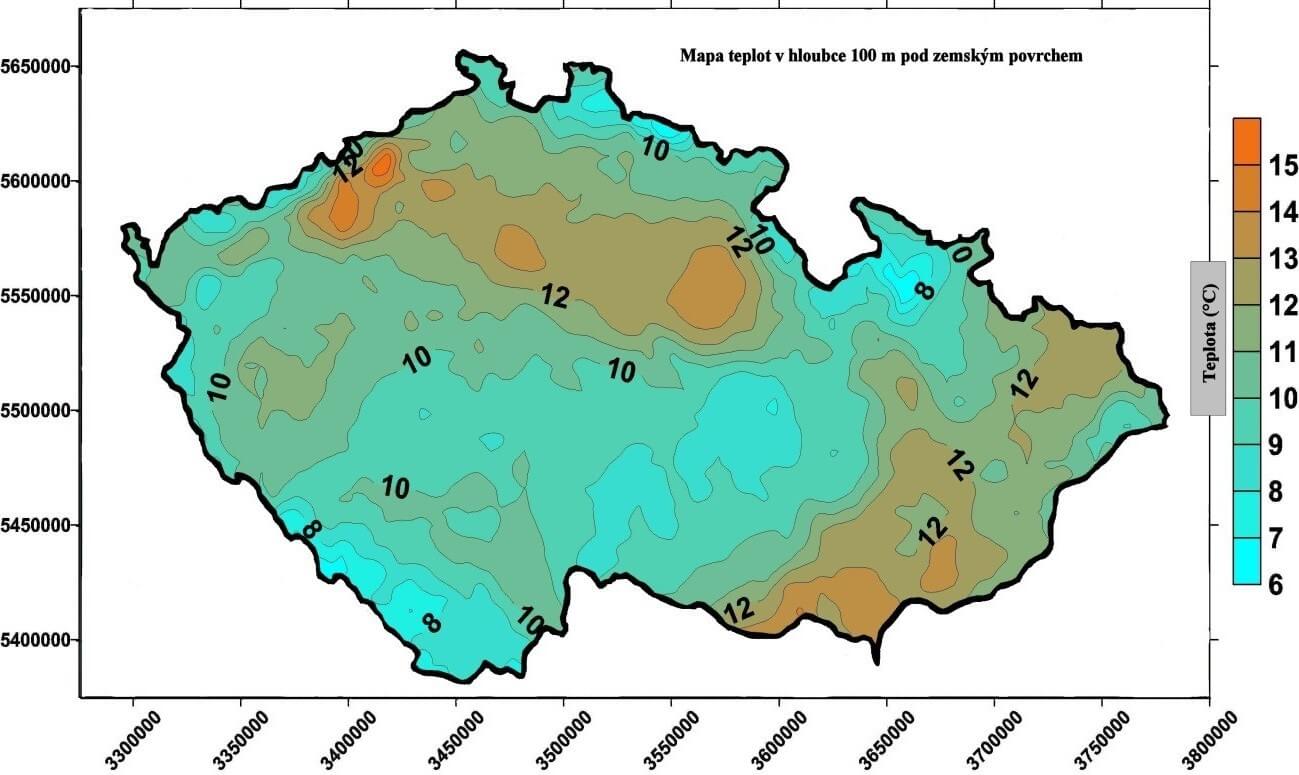 Mapa teploty v hloubce 100 m pod povrchem České republiky (zdroj P. Dědeček a kol., 2007).