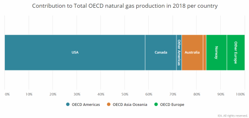 Podíl na produkci zemního plynu v zemích OECD v roce 2018. Zdroj: IEA