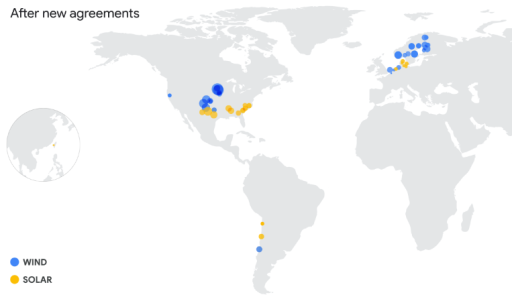 Regionální rozložení zdrojů OZE po dodatečném nákupu. Zdroj: Google