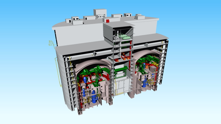 Řez modelem elektrárny se dvěma reaktory ACP100