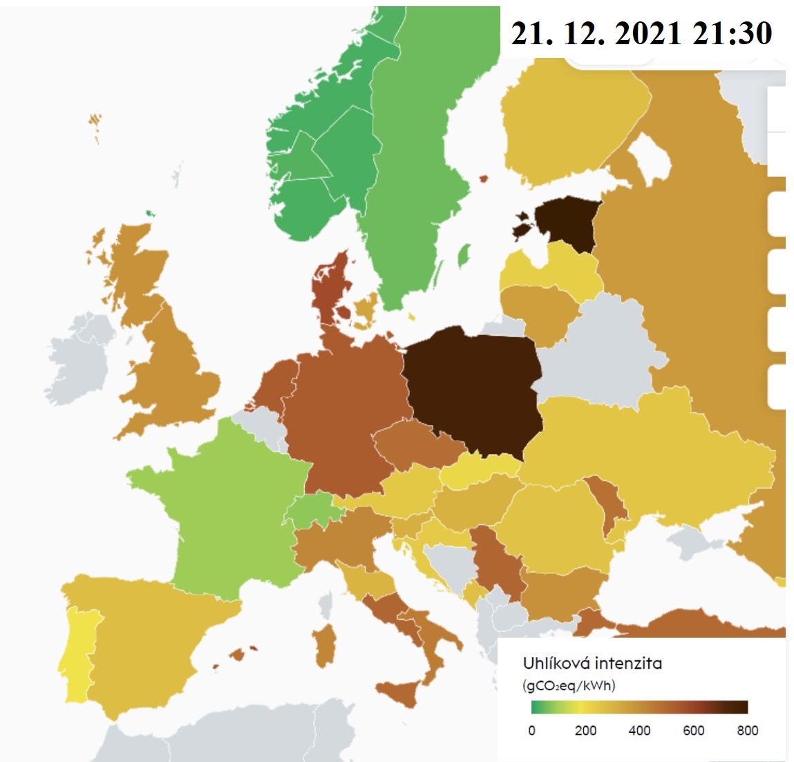 Emisní mapa ze současného bezvětrného zimního období jasně ukazuje, že nízkoemisní jsou státy, které využívají kombinaci jaderných a obnovitelných zdrojů nebo mají extrémně vhodné podmínky pro vodní elektrárny. Německo má i přes masivní investice do OZE vyšší emise než Česko (zdroj Electricitymap).