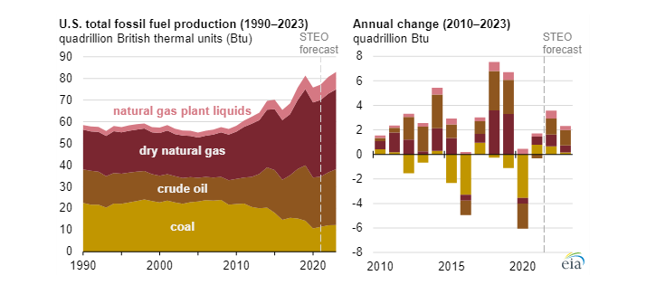 Vývoj těžby fosilních paliv v USA od roku 1990 a výhled do roku 2023