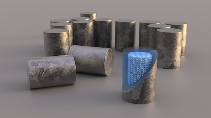 Plně keramické zapouzdřené palivové pelety obsahují TRISO částice – zobrazeny modrou barvou v pokrytí se sloučeniny SiC