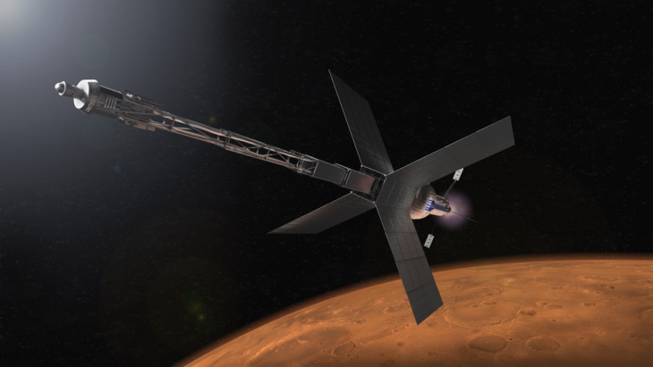 Vizualizace tranzitního modulu na Mars a jeho pohonného systému